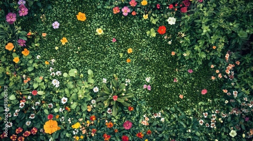 A top view of a garden bed filled with green grass and blooming flowers of various colors, arranged in a natural pattern.