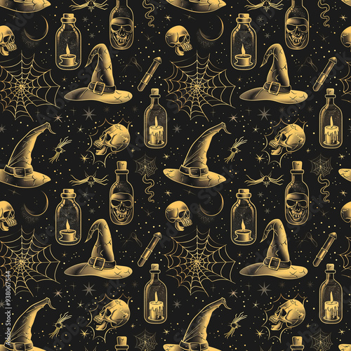 Halloween seamless pattern on black background photo