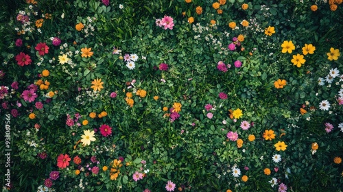 A top view of a garden bed filled with green grass and blooming flowers of various colors, arranged in a natural pattern. photo