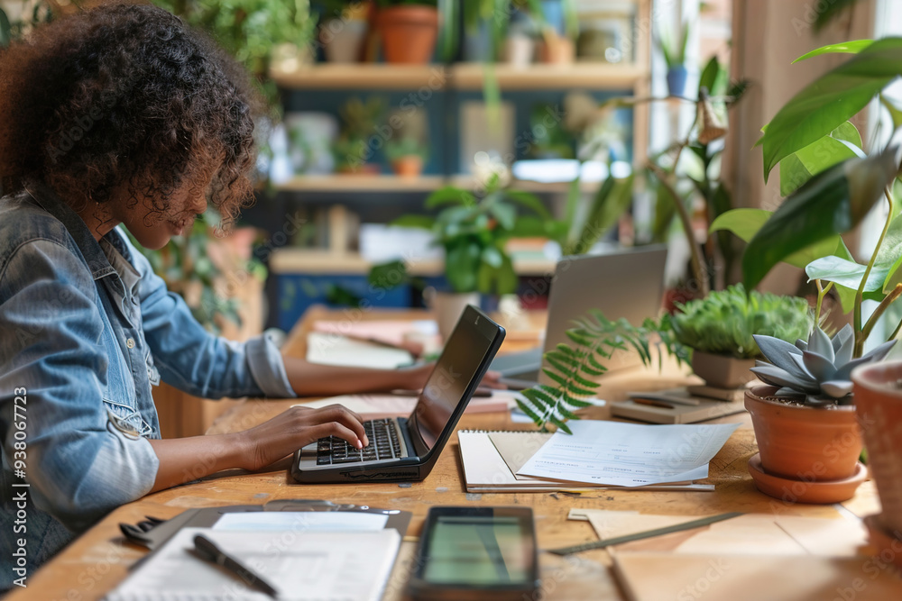 Accountant reviewing finances, calculator and documents on desk, small office setting. Accountant reviewing finances, calculator and documents on desk, small office setting.