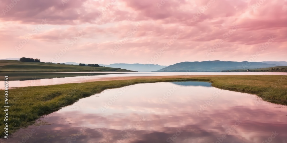 Serene landscape with pink clouds reflecting on tranquil water. Serene landscape with pink clouds reflecting on tranquil water.