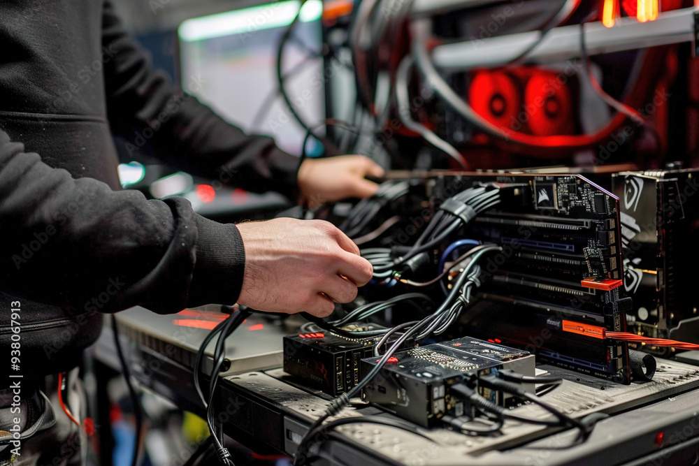 IT technician fixing computer, cables and hardware components on workbench. IT technician fixing computer, cables and hardware components on workbench.
