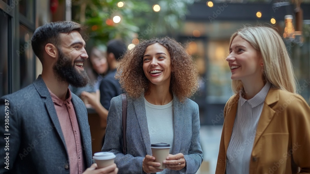 Diverse group of four cheerful colleagues in animated communication during coffee break in office Diverse group of four cheerful colleagues in animated communication during coffee break in office