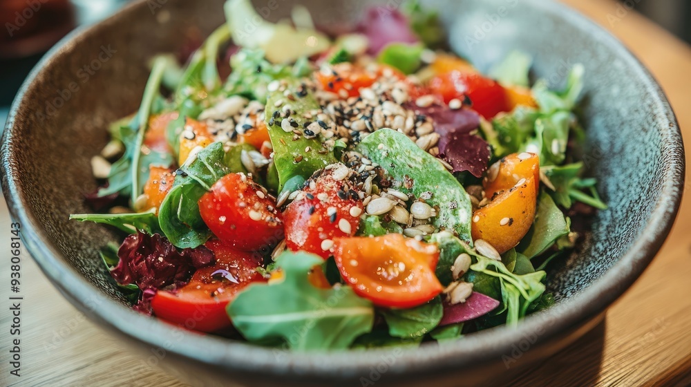 A vibrant salad garnished with edible seeds such as pumpkin and sunflower, served in a ceramic bowl on a wooden table. A vibrant salad garnished with edible seeds such as pumpkin and sunflower, served in a ceramic bowl on a wooden table.