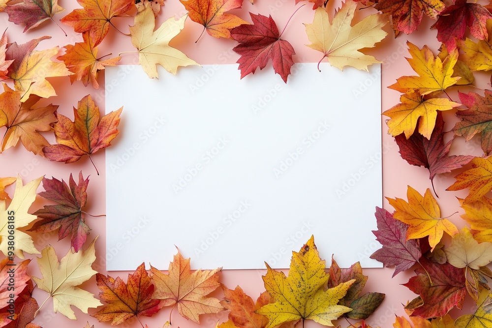 A blank white card with an autumn background of colorful leaves A blank white card with an autumn background of colorful leaves