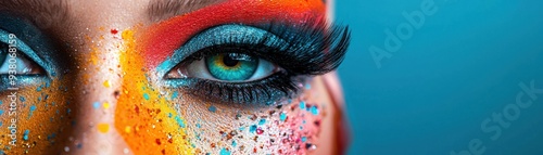 A vibrant close-up showcasing colorful eye makeup and glitter, capturing artistic beauty and creativity in cosmetics.