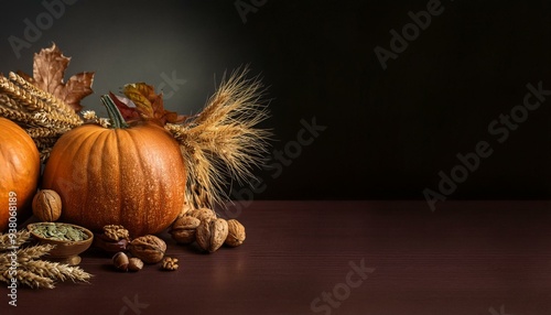 Autumn classic still life with a pumpkin, ripe wheat, nuts and leaves on a table on dark background