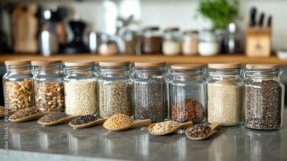 An assortment of edible seeds in glass jars lined up on a kitchen counter, with labels and measuring spoons.