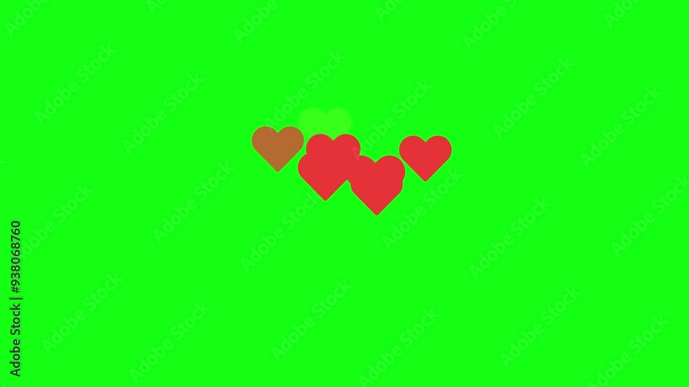 red hearts looped animation on green screen background