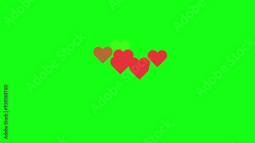 red hearts looped animation on green screen background