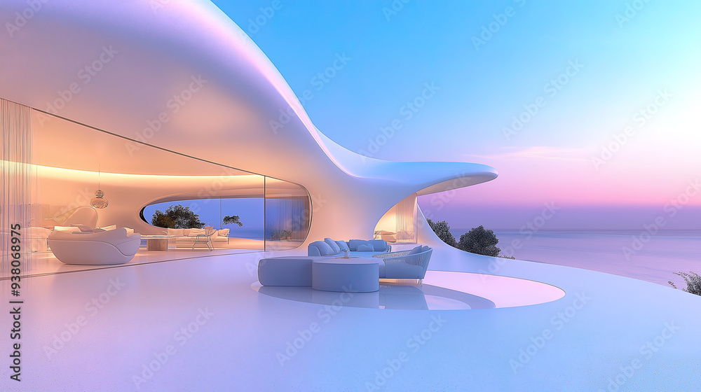 White luxury modern villa with beautiful sea view, minimalist curve line design, scene for car presentation White luxury modern villa with beautiful sea view, minimalist curve line design, scene for car presentation