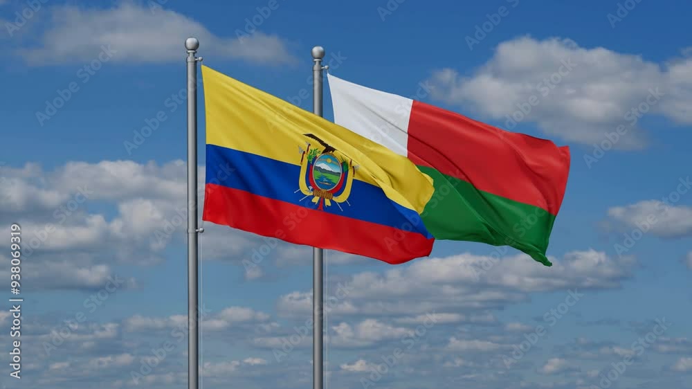 Madagascar and Ecuador flags flying together, video concept of the relationship, two country relations concept Madagascar and Ecuador flags flying together, video concept of the relationship, two country relations concept