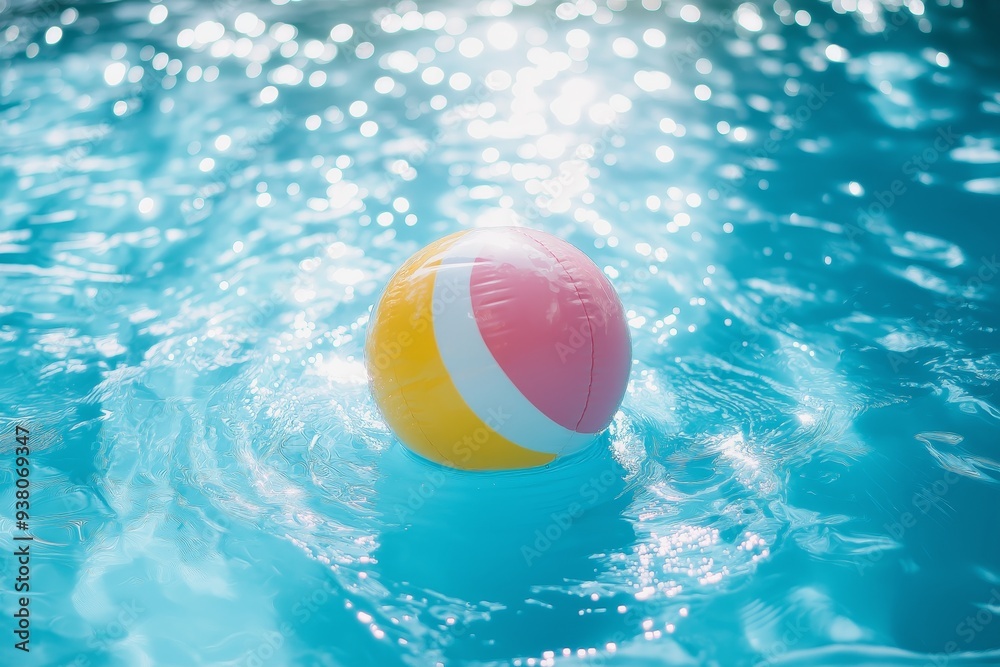 Colorful inflatable beach ball floating in a sparkling blue pool during summer family fun Colorful inflatable beach ball floating in a sparkling blue pool during summer family fun