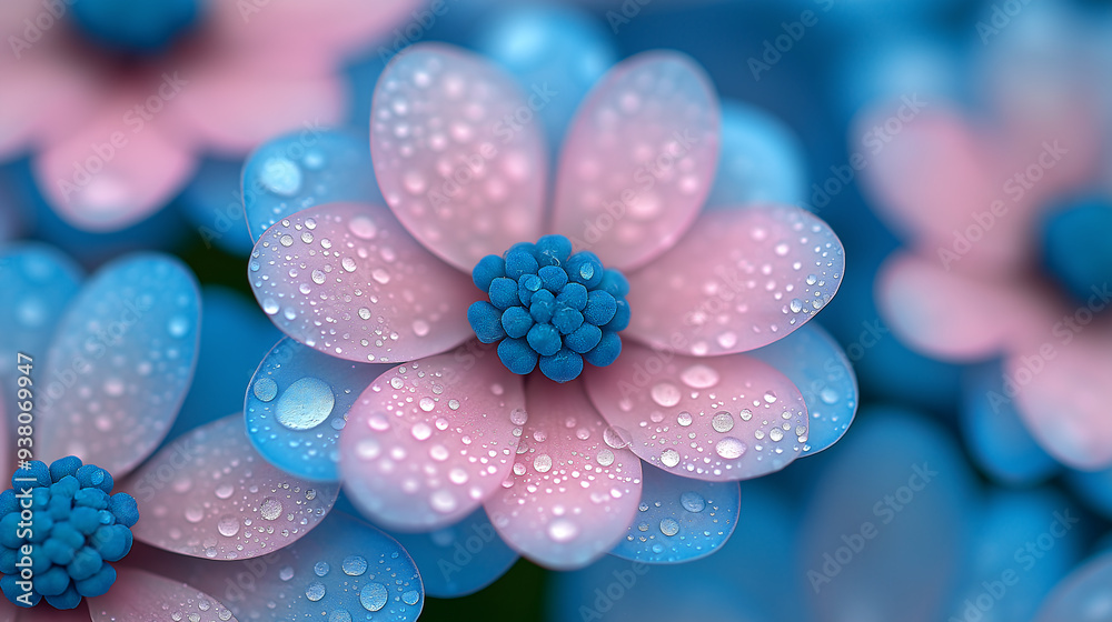Macro Photography of Beautiful Pink and Blue Flowers with Water Drops Macro Photography of Beautiful Pink and Blue Flowers with Water Drops