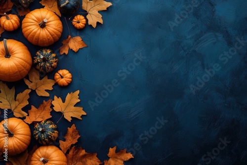 autumn leaves and pumpkins on a dark blue background with copy space