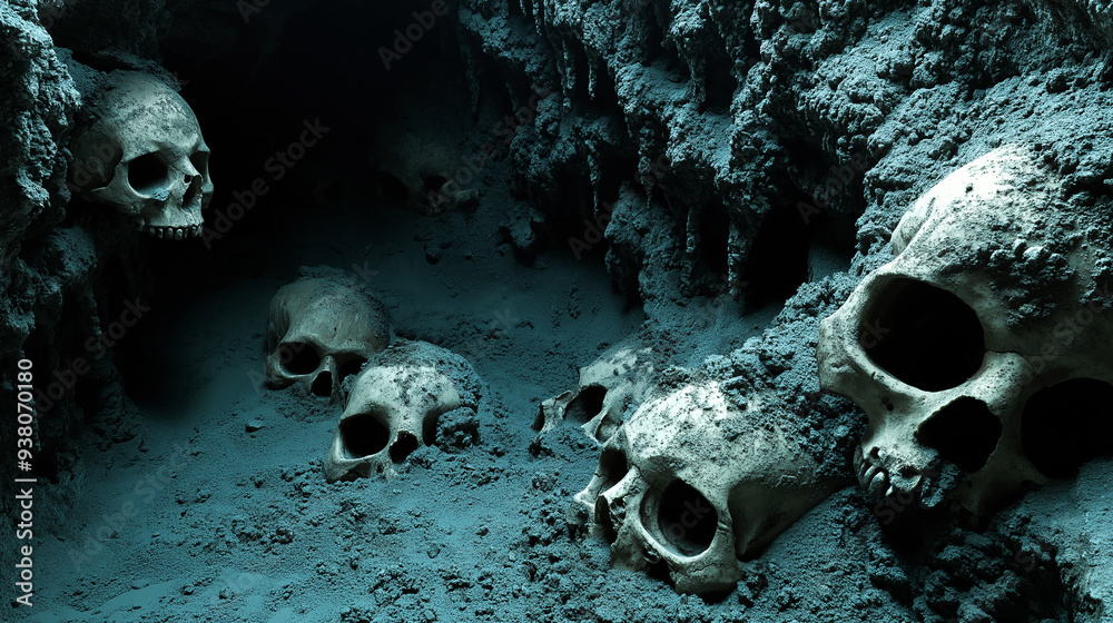 Eerie Group Photo of Human Skulls and Bones in Dark Cave of Ancient ...
