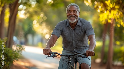 Happy mature african american man riding his bicycle through a park on a sunny day