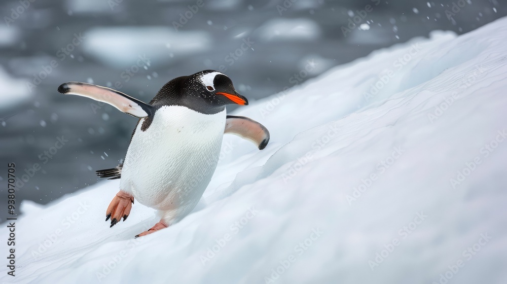 Fototapeta premium Gentoo penguin stands stretching neck in snow.jpeg