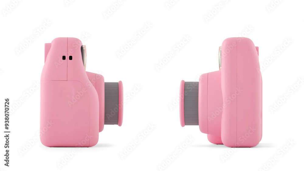 Closeup of pink instant photographic camera, isolated on white copy-space background. Closeup of pink instant photographic camera, isolated on white copy-space background.