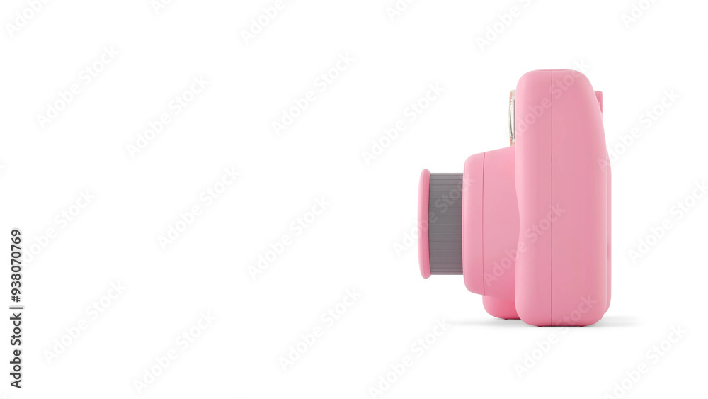 Closeup of pink instant photographic camera, isolated on white copy-space background. Closeup of pink instant photographic camera, isolated on white copy-space background.