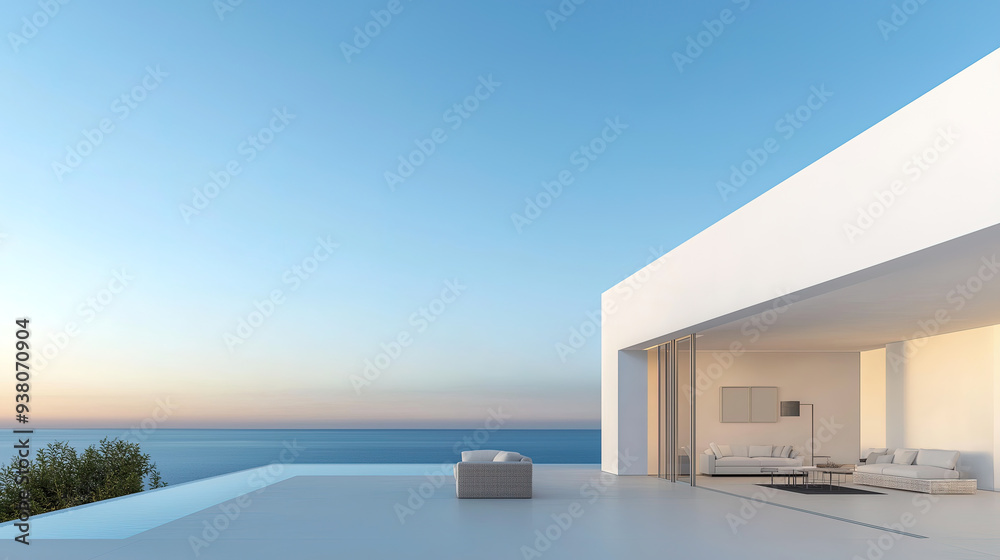 White luxury modern villa with beautiful sea view, minimalist geometric design, scene for car presentation White luxury modern villa with beautiful sea view, minimalist geometric design, scene for car presentation