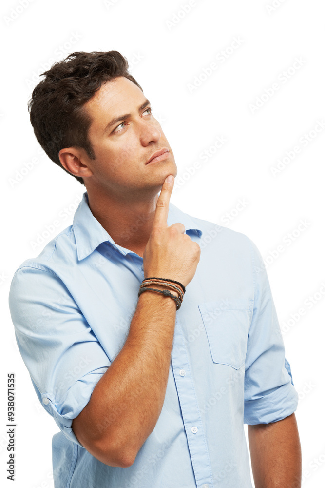 Planning, thinking and man in studio for solution, innovation or brainstorming for future. Decision, choice and male writer or author with creative ideas for book publishing by white background. Planning, thinking and man in studio for solution, innovation or brainstorming for future. Decision, choice and male writer or author with creative ideas for book publishing by white background.
