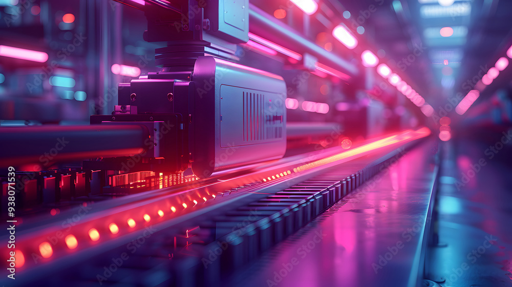Close-up of a futuristic automated production line illuminated by vibrant neon pink and blue lights, highlighting advanced machinery and technology Close-up of a futuristic automated production line illuminated by vibrant neon pink and blue lights, highlighting advanced machinery and technology