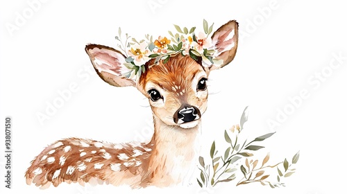 Watercolor Cute Deer with Floral Crown.