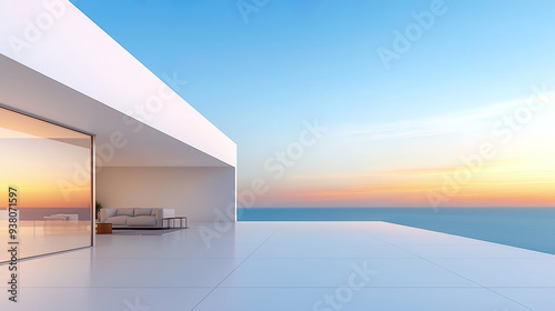 White luxury modern villa with beautiful sea view, minimalist geometric design, scene for car presentation