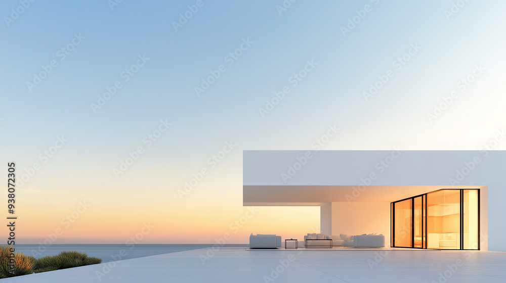 White luxury modern villa with beautiful sea view, minimalist geometric design, scene for car presentation