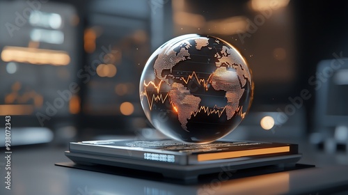 A modern globe on a technological display, showcasing data trends and global connectivity in a digital environment.