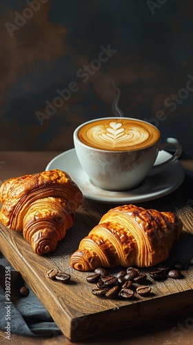 Cozy morning coffee and croissants for breakfast photo