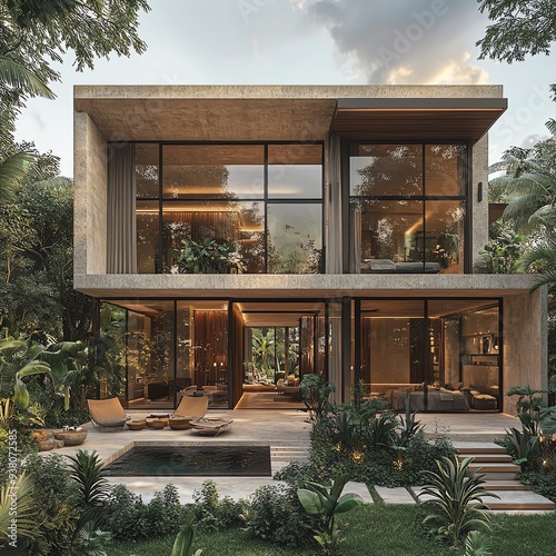 A modern 2story villa surrounded by tropical greenery, featuring a blend of contemporary design and historical Maya cultural elements, with intricate carvings and motifs photo