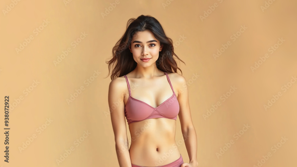 woman in underwear on beige pastel background woman in underwear on beige pastel background