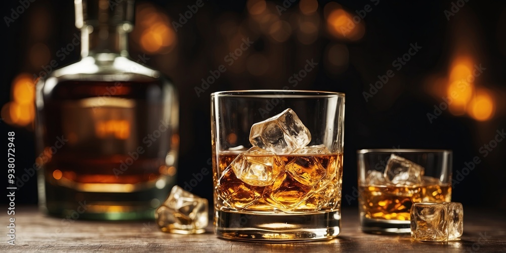 Scotch whiskey ice in glasses and a bottle. Scotch whiskey ice in glasses and a bottle.