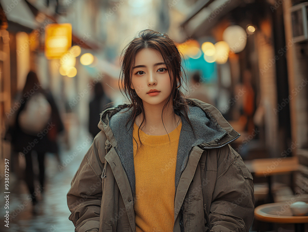 a young woman walking down a narrow street in an Japan urban a young woman walking down a narrow street in an Japan urban