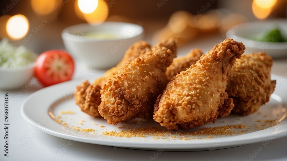 Golden, crispy fried chicken on white plate. Golden, crispy fried chicken on white plate.