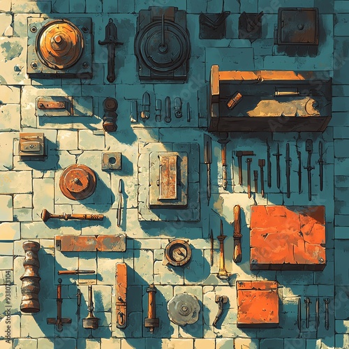 A sheet featuring numerous topdown views of blacksmith tools and equipment photo