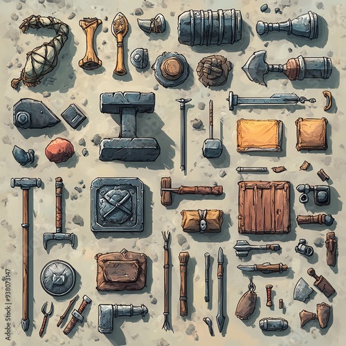 A sheet featuring numerous topdown views of blacksmith tools and equipment photo