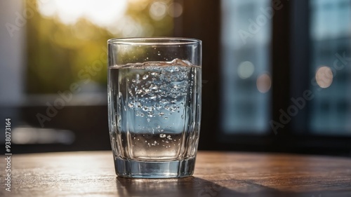 A glass half full of water, sitting on a table.