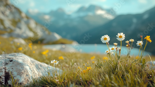 meadow with flowers and mountains photo