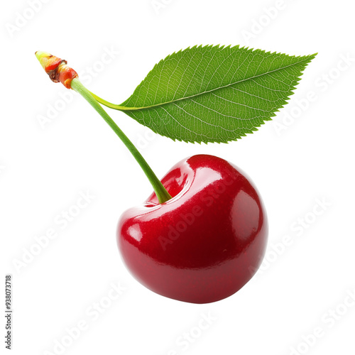 A detailed shot of a single ripe cherry with a vibrant green leaf attached to the stem photo