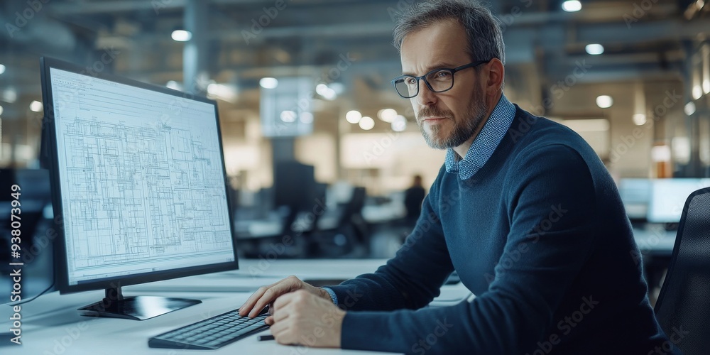 Focused businessman working diligently on laptop in modern office Focused businessman working diligently on laptop in modern office