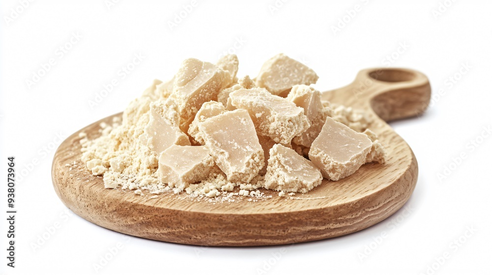 Organic Wooden Board with Compressed Yeast on White Background Organic Wooden Board with Compressed Yeast on White Background