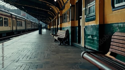 Train Station Platform with Benches and a Departing Train