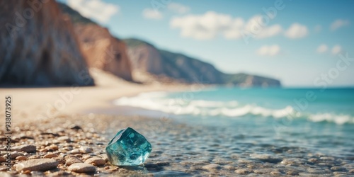 Abird's-eye perspective of a beach boasting crystal-clear, azure waters, and a rugged cliff on its opposite end.