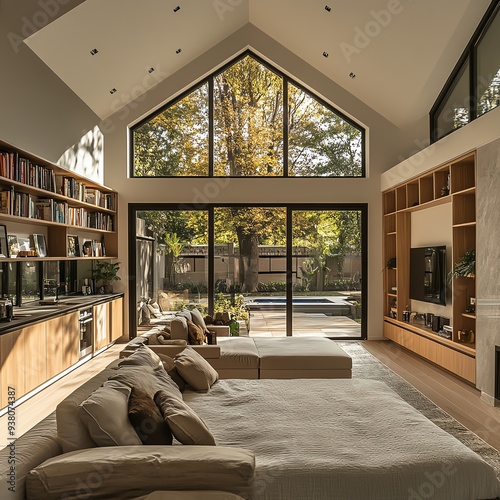 An openplan onestory house with a white ceiling photo