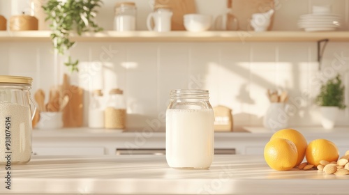 A glass jar of homemade almond milk in a cozy kitchen setting, surrounded by fresh almonds and oranges, representing a healthy, vegan lifestyle.