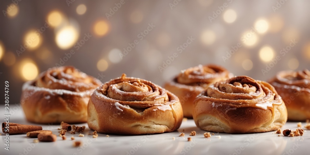 A collection of cinnamon buns arranged atop a white table, touching one another. A collection of cinnamon buns arranged atop a white table, touching one another.