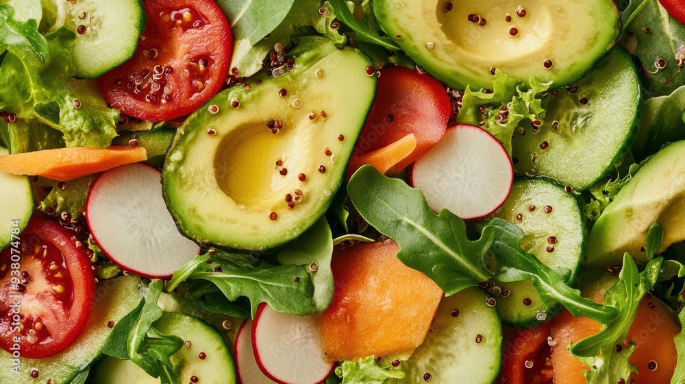 Close-Up of Gourmet Salad with Quinoa Avocado and Leafy Greens Close-Up of Gourmet Salad with Quinoa Avocado and Leafy Greens